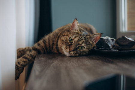 Cute cat sleeping on the windowsill in a rainy day. High quality photo