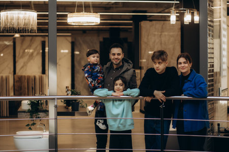 a family walks through a construction supermarket. dad, mom, two sons and a daughter are walking in a hardware storeの写真素材