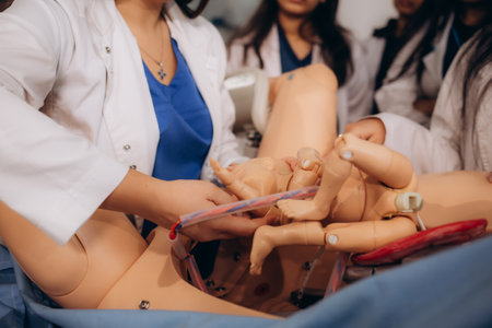 Female medical student with pregnant woman mannequin in the hospital ward. medicine practice, health care concept. High quality photoの写真素材