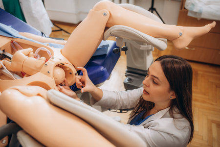 An obstetrician-gynecologist teacher shows childbirth for students on a mannequinの写真素材
