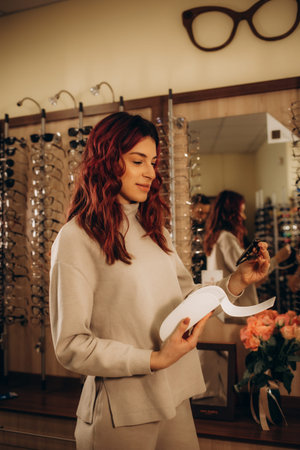 health care, eyesight and vision concept - happy woman choosing glasses at optics store. High quality photoの写真素材