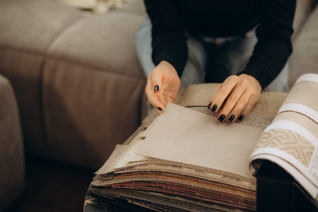 Close-up woman choosing fabrics swatches for sofa in store. Interior designer looking materials for...