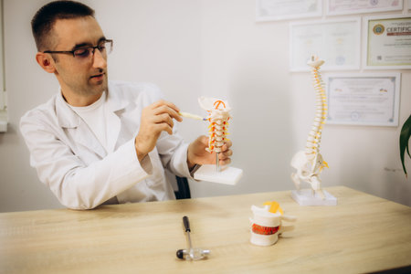 Male doctor explaining spinal anatomy with vertebral column model to patient in clinic. High quality...