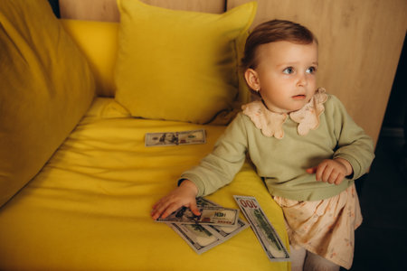 little girl with dollars near the yellow sofaの写真素材