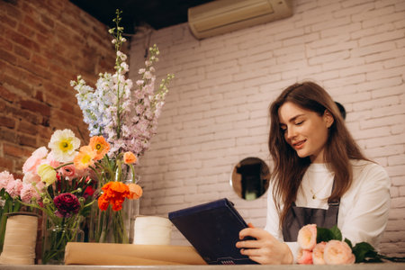 Portrait of attractive woman florist working on tablet at workplace. Concentrated female sitting at counter in floral store and typing on digital tablet. High quality photoの写真素材