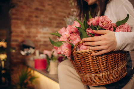 female florist holding wooden basket with pink tulips in flower shopの写真素材
