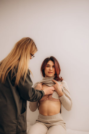 Female doctor listens to patient's breathing by applying stethoscope to her chest. Doctor listens to...