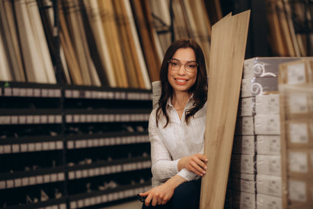 home repair. portrait of woman choosing wood laminated flooring in shopの写真素材