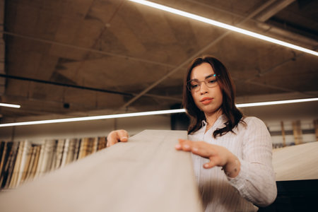 Young woman choosing laminate floor for home renovation.の写真素材