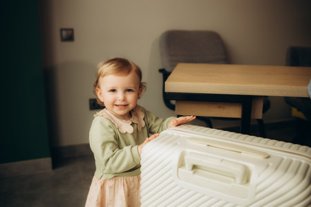 a little girl opens a suitcaseの写真素材