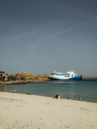 Beautiful mediterranean landscape. Cruise ship near townの写真素材