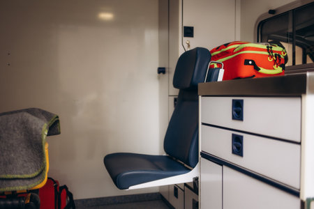 Medical foldable wheeled stretcher for patients in an ambulanceの写真素材