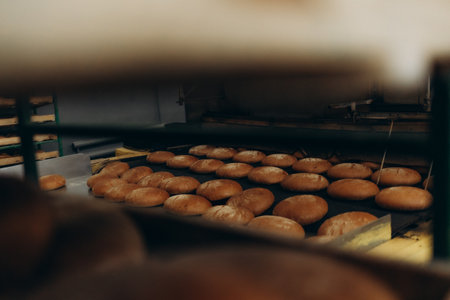 Fresh bread just baked in the bakeryの写真素材