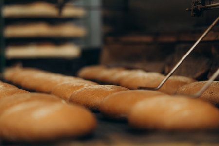 Loafs of bread in a bakery on an automated conveyor beltの写真素材
