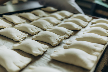 The dough is placed in a beautiful tray.の写真素材