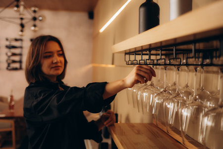 Experienced caucasian female sommelier opens a bottle of wine with a corkscrew, dressed in classic strict clothes, prepares for wine tasting while in wine cellar among many different wines.の写真素材
