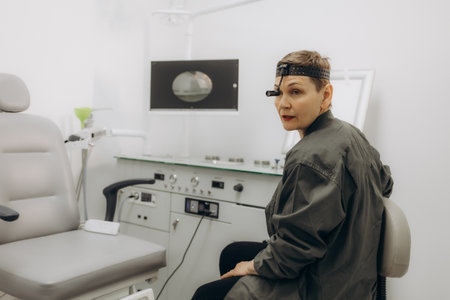 Woman audiologist with otoscope standing in medical clinic. Ear treatment and hear examの写真素材