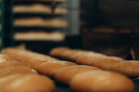 Fresh buns from the oven. Conveyor with bread. Baking bread. Workshop for production of bread. White...
