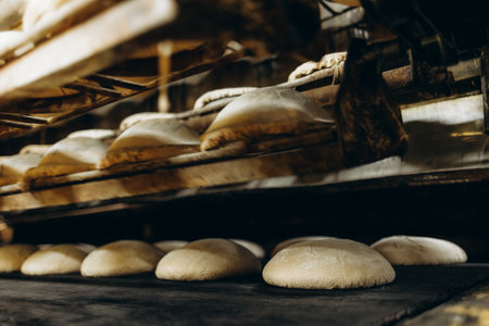industrial production of bakery products on an assembly line - technology and machinery in the food factoryの写真素材
