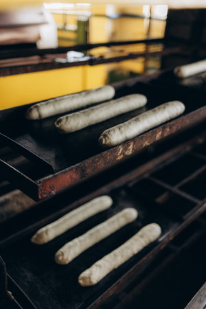 Loafs of bread in a bakery on an automated conveyor belt