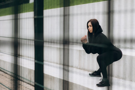 Side view of young adult girl in sportswear and sneakers shoes warming up, jogging on cardio workout, spending day on sport training outdoor in cityの写真素材