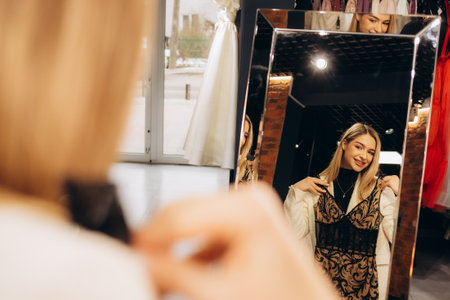 Beautiful happy young girl choosing clothes for high school prom in shopの写真素材