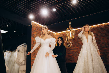 Smiling pretty bride chooses white gown at shop of wedding fashionの写真素材