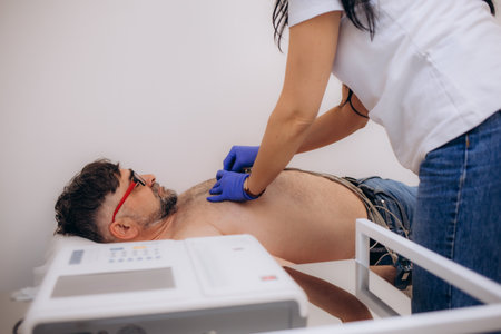 Doctor cardiologist is attaching vacuum sensors to an elder senior patient for recording ECG or EKG cardiogram test.の写真素材