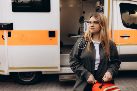 attractive young female emergency medical service worker in front of ambulanceの写真素材