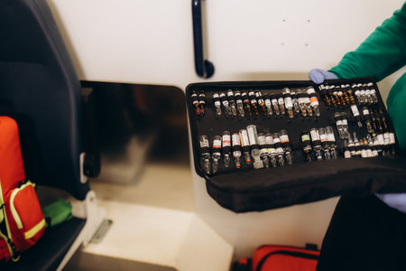 A first aid kit with medicines in the hands of a doctor in an ambulanceの写真素材