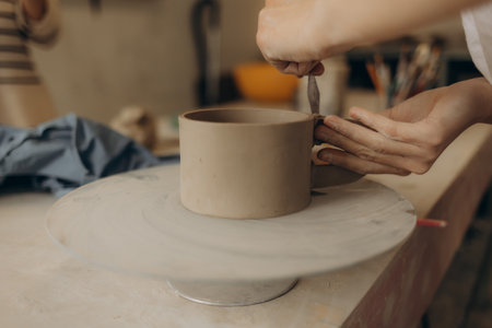 Female master paints a pot, pottery workshopの写真素材
