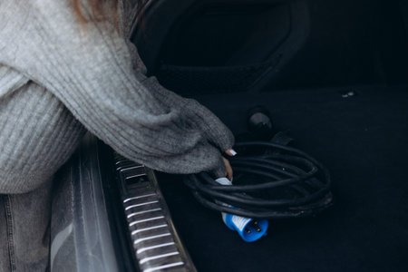Woman holding cables for EV charging in front of electric cars and gesturing thumbs up isolated on...