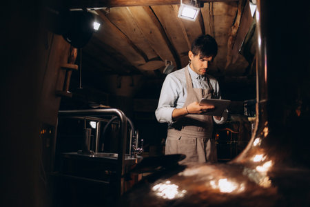 Concentrated middle-aged inspector wearing checked shirt and apron holding glass of beer in hands...