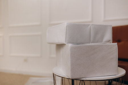 Organiser, clothes storage system moveable polyester compartments for tiny small home house room.の写真素材