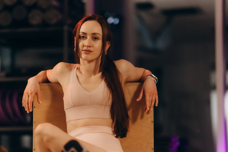 Fitness girl exercising on a wooden box for crossfitの写真素材