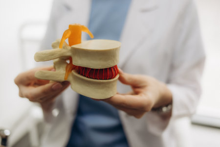 Doctor neurologist holds a mock spine with intervertebral hernia. Spine disease concept and sequestered or median hernia, isolate, spinal segment, osteochondrosisの写真素材