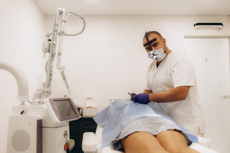 The surgeon does surgery to remove the mole on the patient's back. The process of burning moles in a...