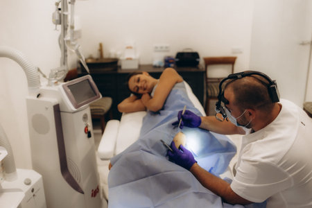Dermatologist performs surgery to remove a mole on the leg