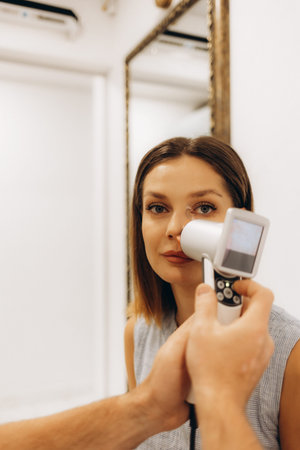 Doctor dermatologist examines skin of client face of beauty salon with a dermatological lens....