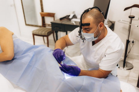 Dermatologist performs surgery to remove a mole on the leg
