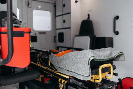 Inside of ambulance. Medical equipment including stretcher.の写真素材