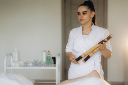 Massage of human foot in spa salon with bamboo sticks. Closeup of feet,の写真素材