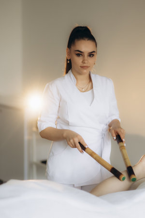 Massage of human foot in spa salon with bamboo sticks. Closeup of feet,の写真素材