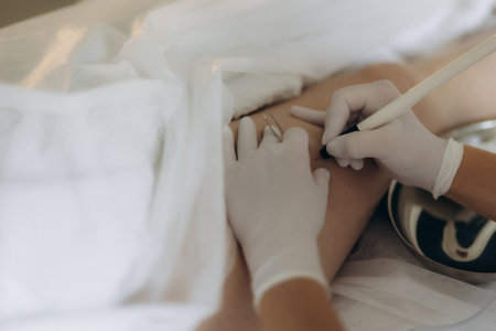 Surgeon gives injection of local anesthesia during laser removing mole on back, closeup view. One day surgery concept. Spine of teen boy patient in hospital with moles, warts.の写真素材