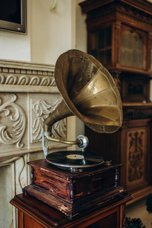 Retro old gramophone radio. Vintage style toned photo