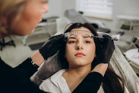 Woman in gloves making measuring of the brows with a ruler before permanent makeup procedure....