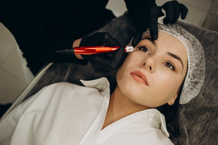 Permanent eye makeup close up shot. Cosmetologist applying tattooing of eyes. Makeup eyeliner procedureの写真素材