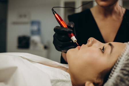 Master in beauty salon paints lips of girl model with permanent makeup machine. Closeup viewの写真素材