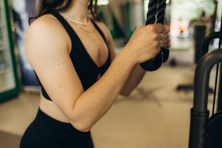 fitness woman doing triceps exercises in the crossover in the gym. Fitness girl in white sport wear...