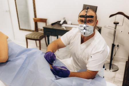 The surgeon does surgery to remove the mole on the patient's back.の写真素材